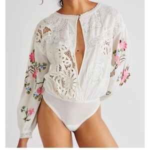 Free People Making Harmony Ivory Lace Embroidered Long Sleeve Bodysuit S